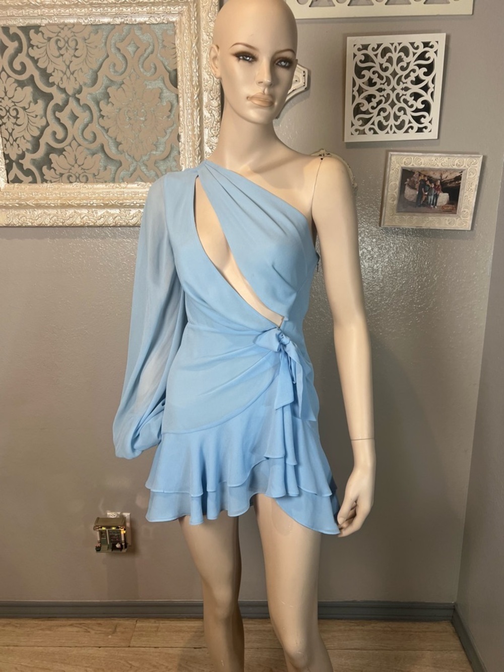 One-Shoulder Light Blue Ruffle Wrap Dress - Picture 3 of 10